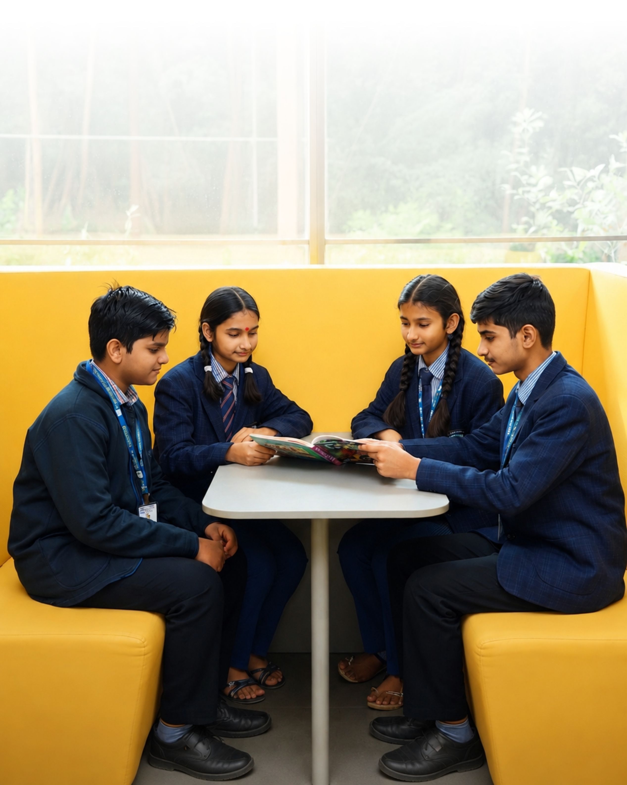 SR Global School students studying together in a modern library